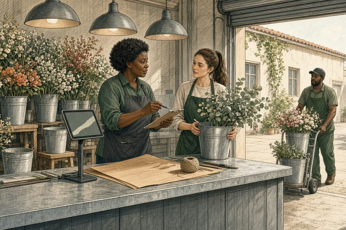 Editorial engraving of a sunny florist's workroom where the owner with an order pad points from a tablet showing a soft shaded band to a nearly empty bucket of tulips, as her assistant holds a bucket of eucalyptus and a driver wheels in fresh flowers.