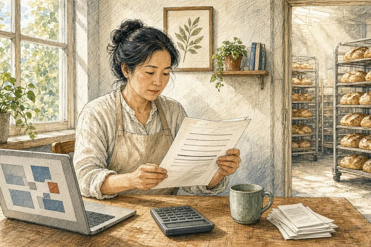 Editorial engraving of a sunlit bakery back office where the owner compares a bank statement with two misaligned columns on her laptop.