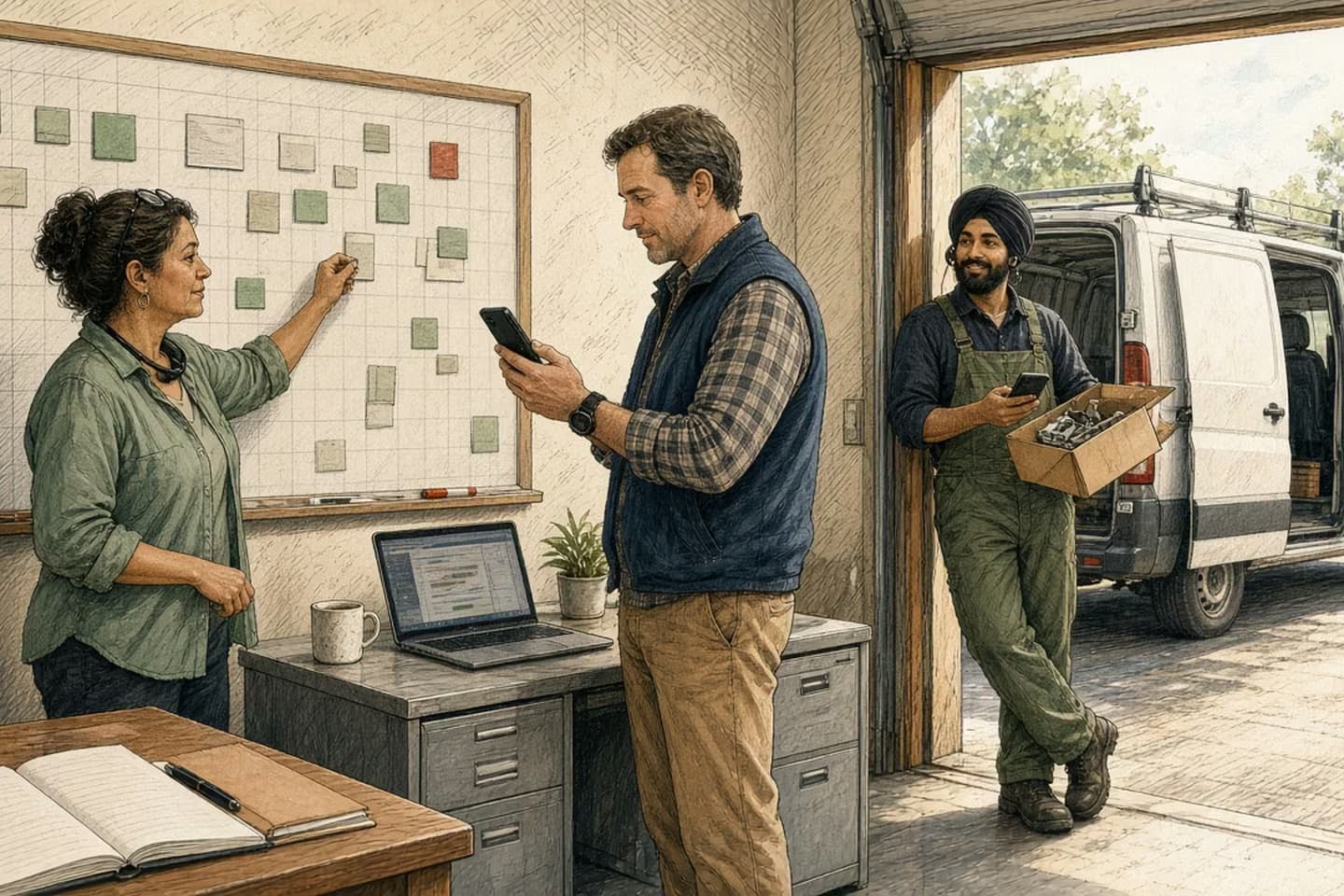 Editorial engraving of a bright dispatch office beside a garage bay, where a dispatcher moves a card on a large magnet whiteboard, a technician leans in from the garage holding a part, and the owner photographs the board with his phone.