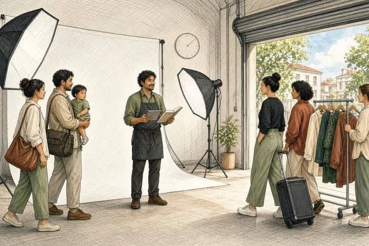 Editorial engraving of a sunlit photo studio where a family with a toddler and a fashion crew with a clothing rail arrive at the open door at the same time, while the studio owner between them looks from a tablet to a paper diary.