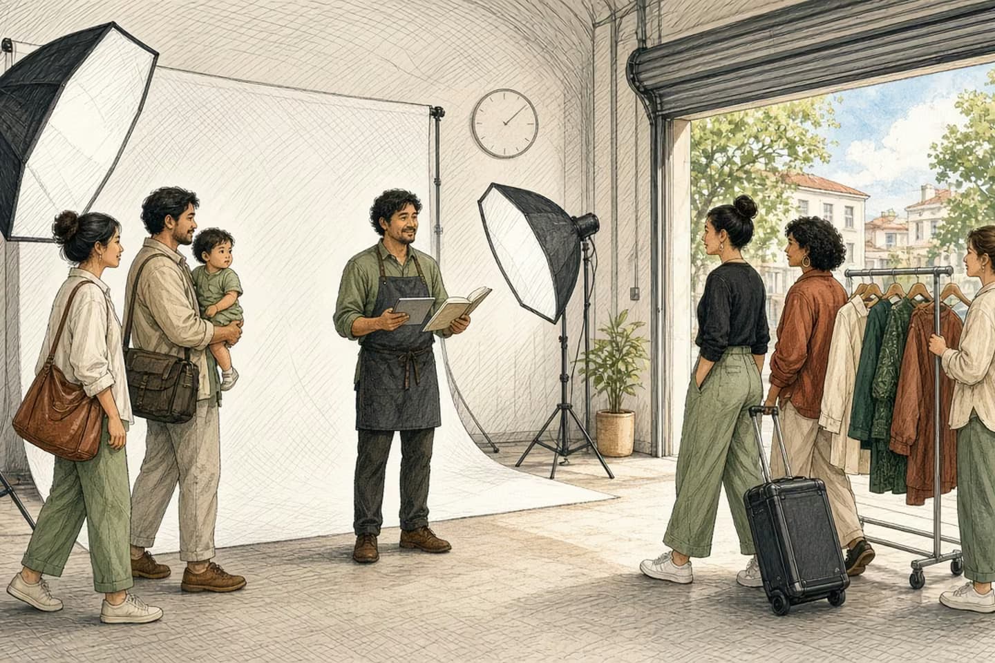 Editorial engraving of a sunlit photo studio where a family with a toddler and a fashion crew with a clothing rail arrive at the open door at the same time, while the studio owner between them looks from a tablet to a paper diary.