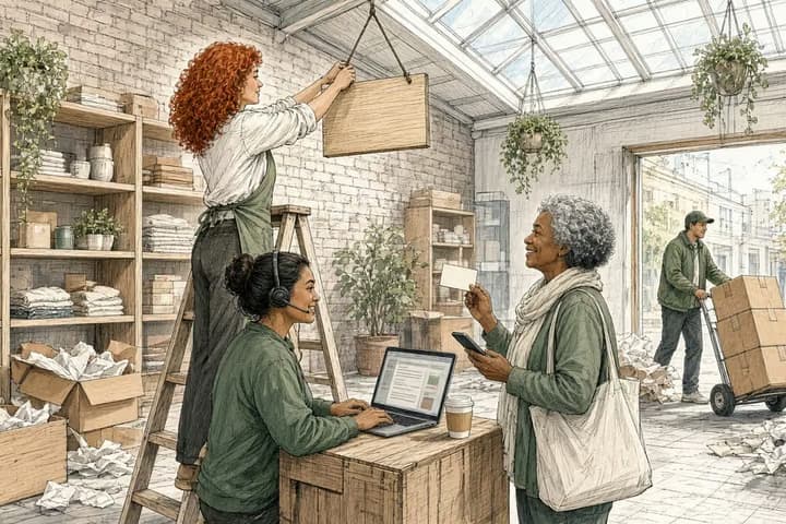 Editorial engraving of a newly moved boutique with a skylight and moving crates, where the owner hangs a blank sign from a step ladder, a support teammate with a headset types at a crate counter, and a long-time customer holds up a gift card and phone.