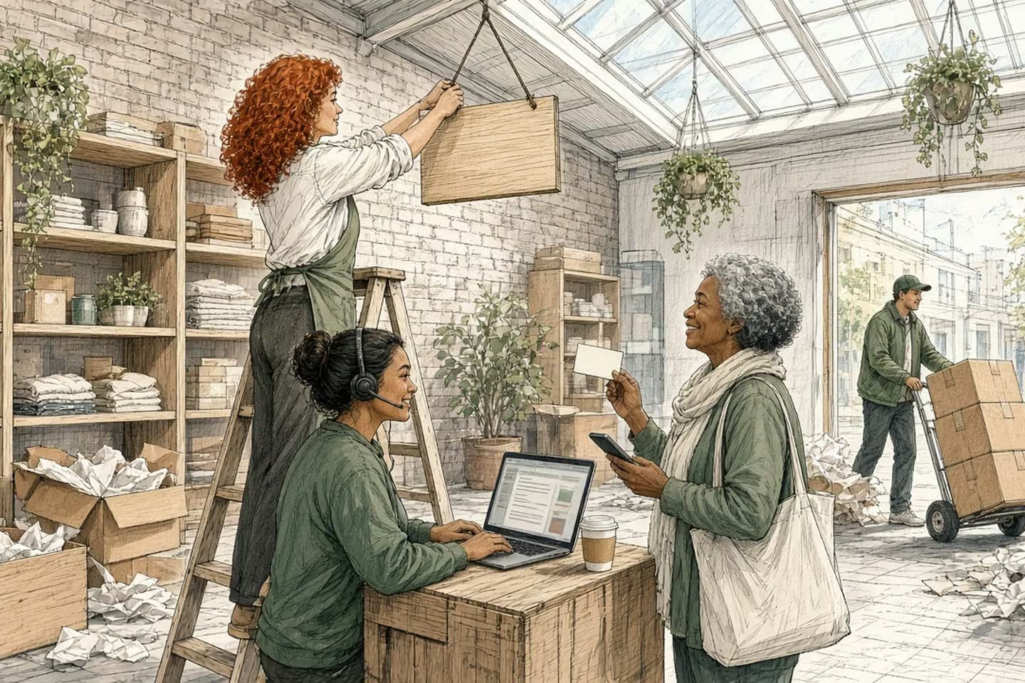 Editorial engraving of a newly moved boutique with a skylight and moving crates, where the owner hangs a blank sign from a step ladder, a support teammate with a headset types at a crate counter, and a long-time customer holds up a gift card and phone.