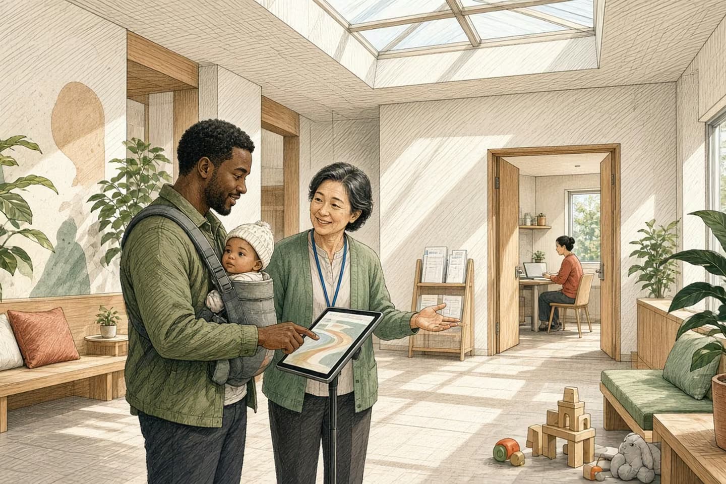 Editorial engraving of a skylit community center lobby where a young father with a baby in a carrier uses a tablet on a stand while a caseworker gestures warmly toward an open doorway to a staffed desk with paper forms.