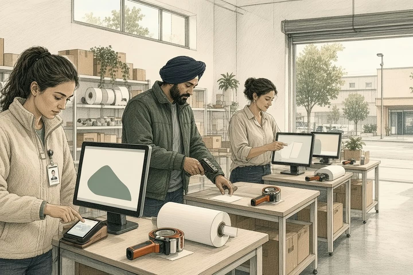 Editorial engraving of a bright packing room where a seasonal packer taps her badge at her station while a supervisor peels a sticky note off a monitor.