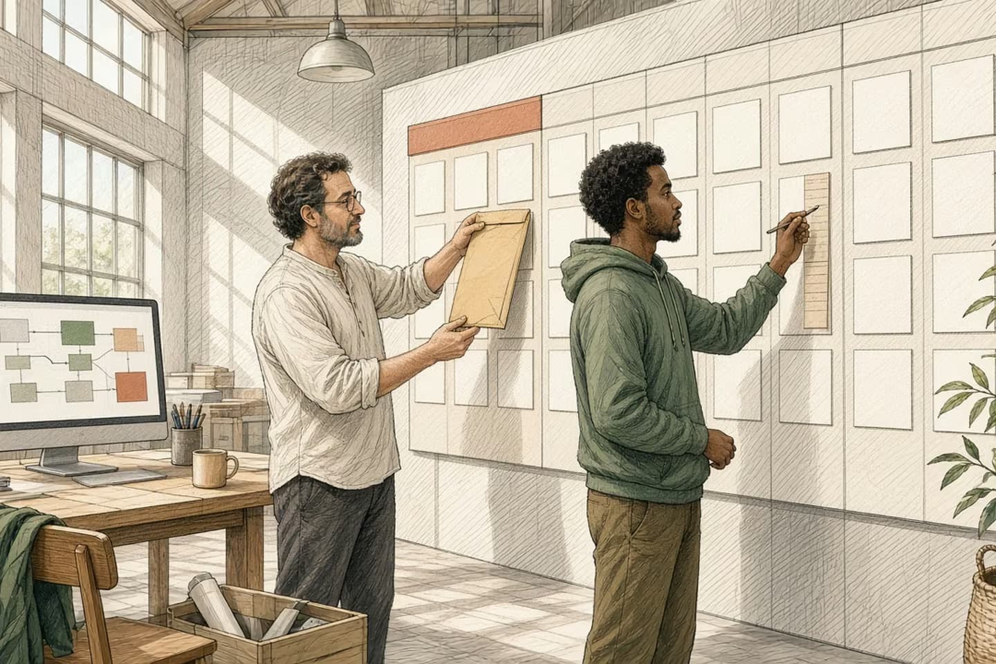 Editorial engraving of a sunlit ops floor where a lead claims a manila packet from an oldest-first board while an analyst updates a paper tally.