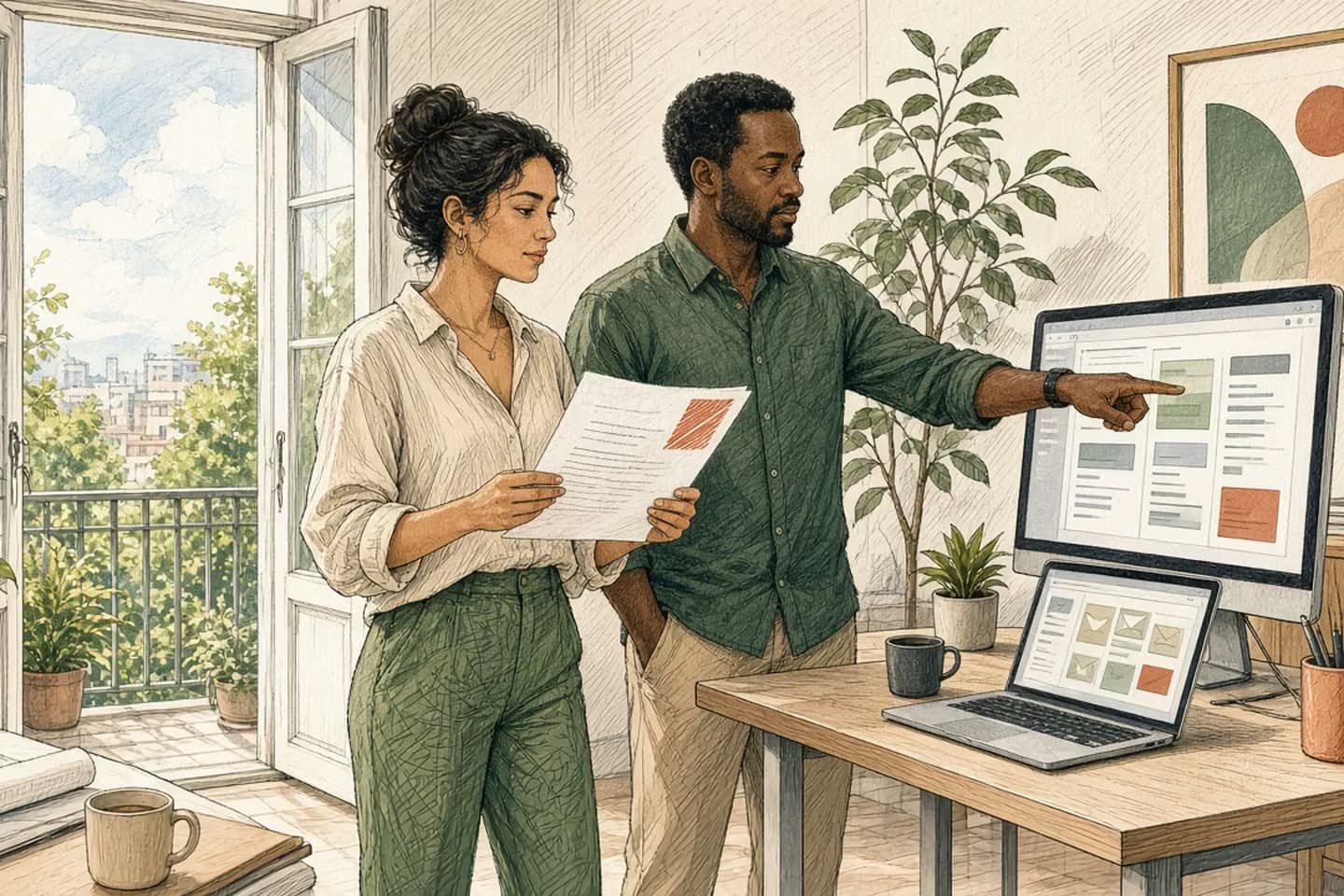 Editorial engraving of a sunlit wholesale office where a rep holds a corner-washed quote printout while ops points at abstract portal blocks.