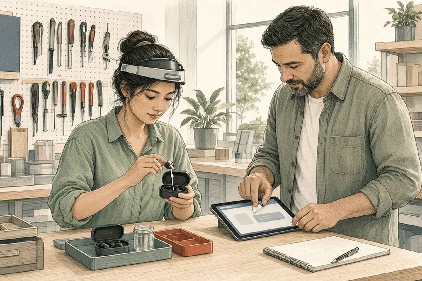 Editorial engraving of a bright repair storefront where an assistant inspects returned earbuds while a seller decides on a tablet what to do with each return.