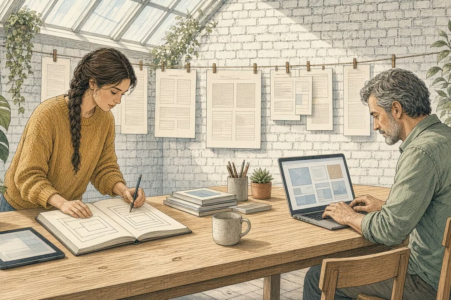 In a bright skylit loft, a designer sketches page wireframes in a large sketchbook beside a tablet while an editor across the table fills a laptop with soft content blocks, blank page proofs pinned on a line behind them.