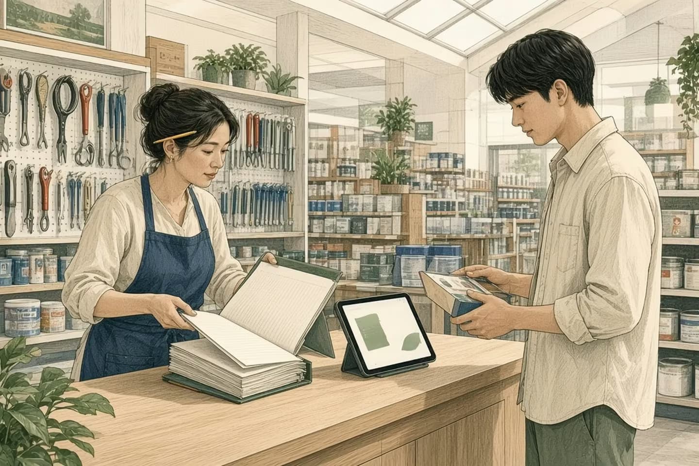 Editorial engraving of a bright hardware store where a clerk pulls the current price binder from a rack as a tablet shows an answer card attached to a sheet.