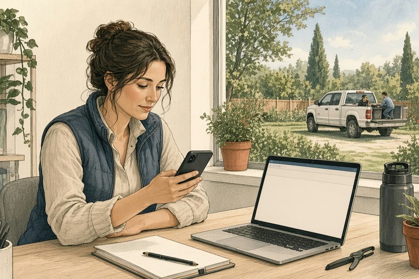 Editorial engraving of a sunny garden-center office where a manager approves a message on her phone while rows fill in on her laptop and the crew loads a truck outside.