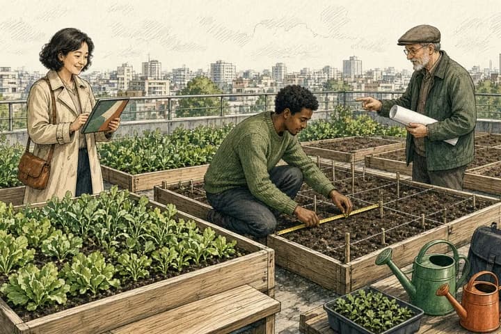 Editorial engraving of a sunny rooftop garden where a business owner with a tablet stands at the first planted bed, a developer measures the next bed marked with string, and a project lead with a rolled plan points toward the bare beds ahead.