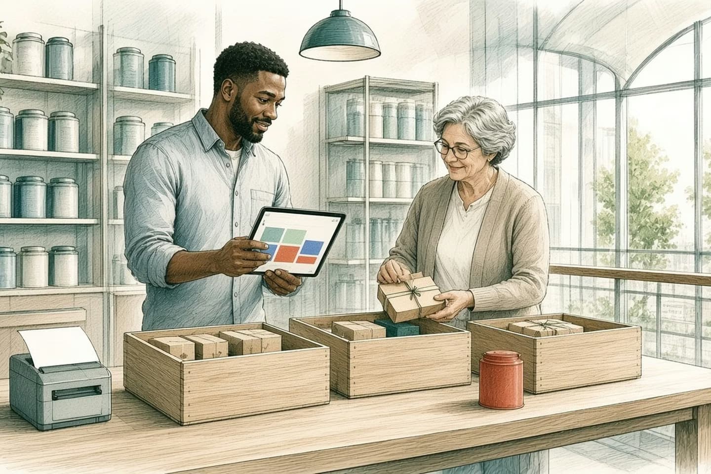 Editorial engraving of a tea company mezzanine where an operations lead sorts parcels into three crates while a small printer feeds labels for the easiest pile.