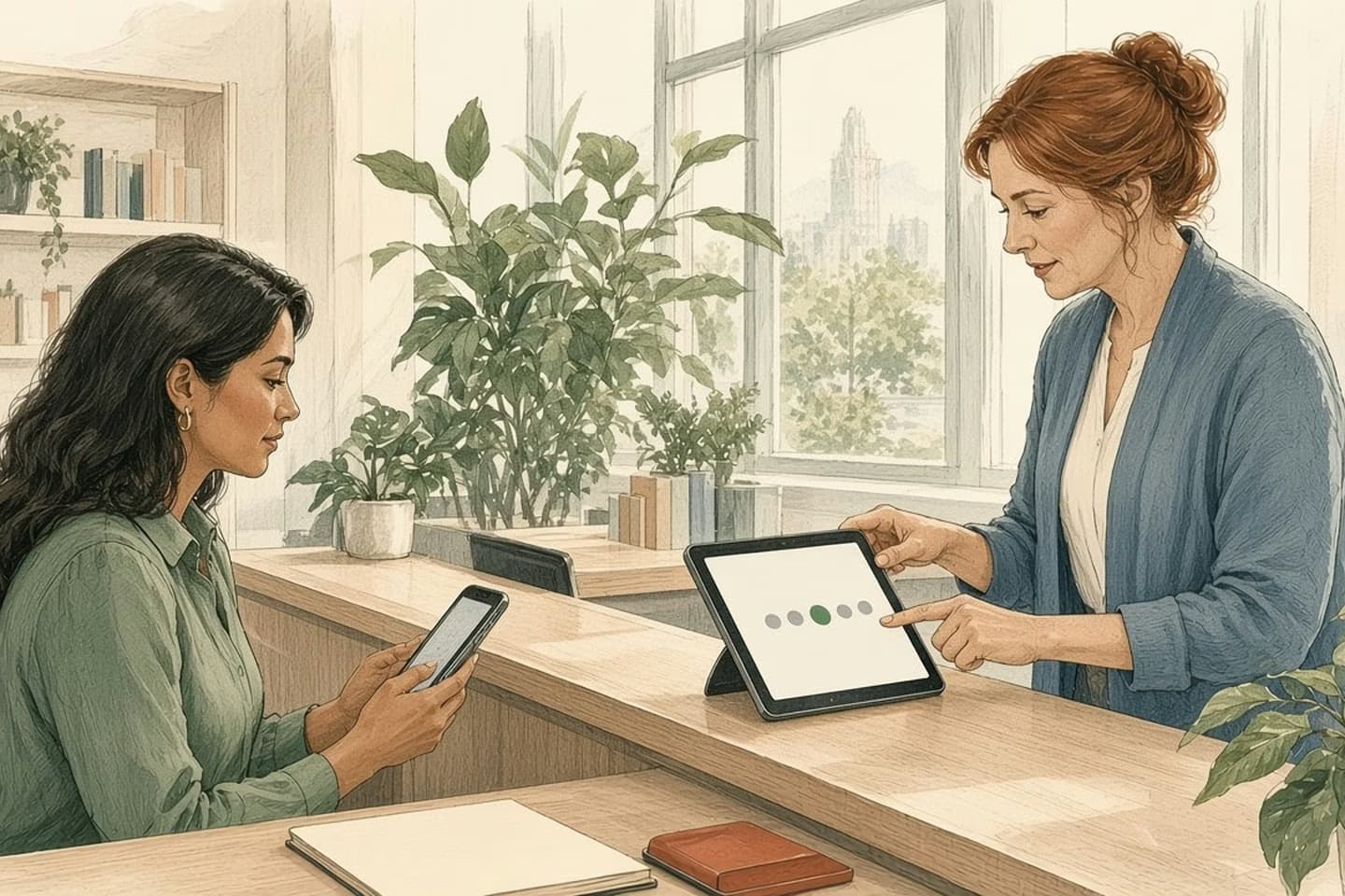 Editorial engraving of a sunny municipal records counter where a clerk advances a status on her tablet as the requester, seated nearby, reads the update on her phone.