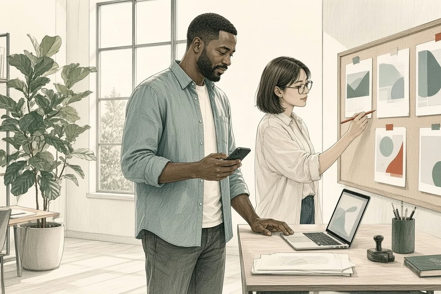 Editorial cross-hatched illustration of a bright loft with tall steel-framed windows and a fiddle-leaf fig, where a bearded man in a rolled-sleeve shirt checks a phone with one hand on a desk beside an open laptop, while a woman in round glasses marks one of several paper page mockups pinned to a cork board with a terracotta pencil; printed proofs, a rubber stamp, a pencil cup and a notebook sit on the desk.