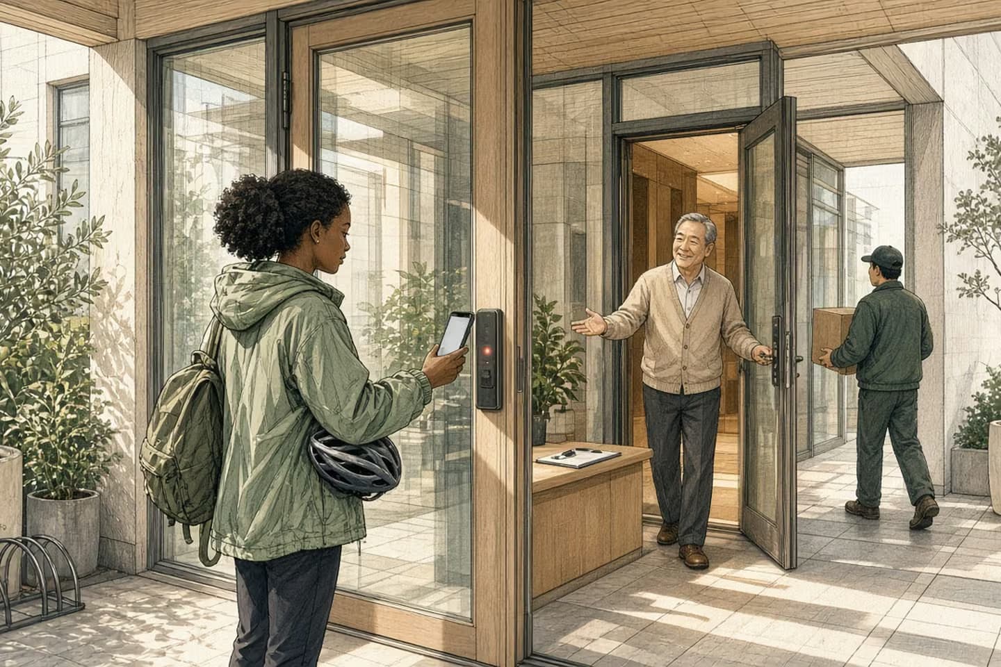 Editorial engraving of a sunny apartment-building entrance where a young woman's phone fails to open the main glass door's lock, while a smiling building manager holds an open side door for her and a courier heads toward it.