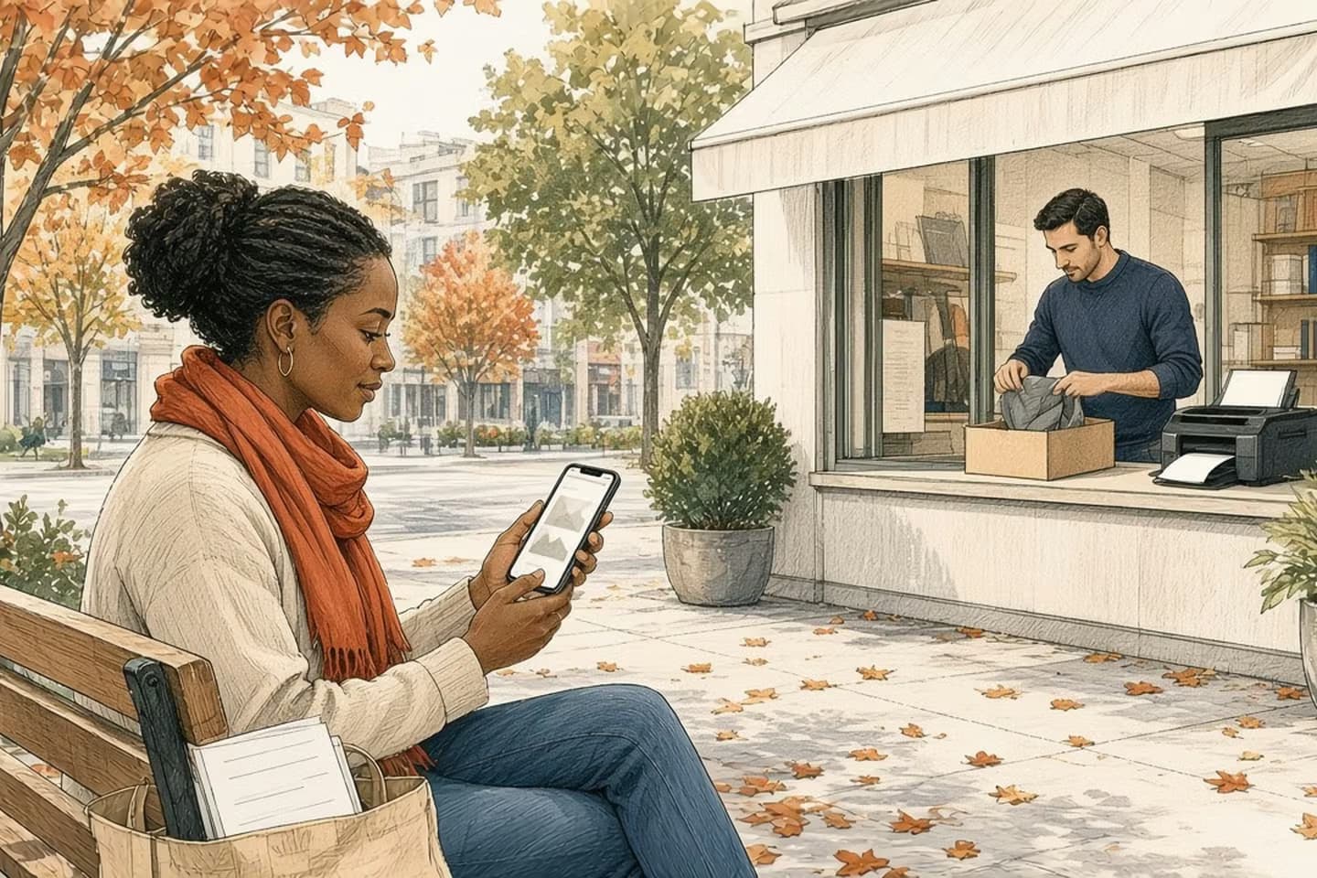 Editorial engraving of a shopper on a sunny park bench browsing a phone cart while, across the street, a clerk packs an order in a bright shop window.