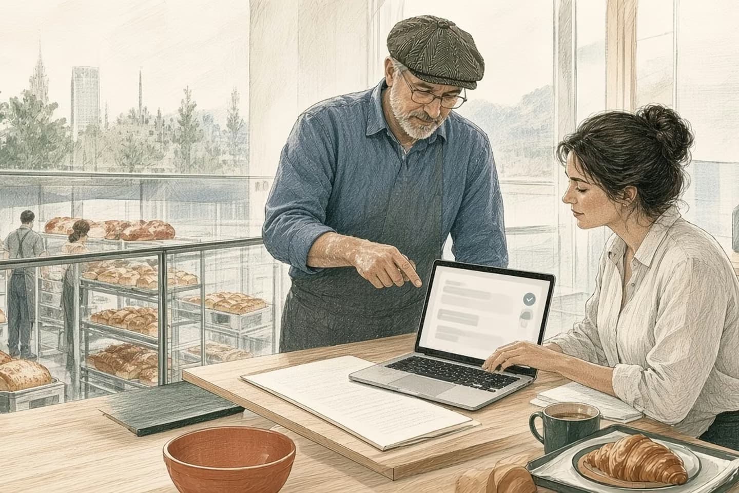 Editorial engraving of a sunny office loft above a bakery where the owner reviews a short list on her laptop as her bookkeeper points to a printed sheet.