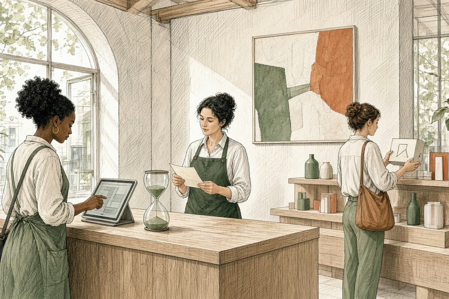 Editorial engraving of a sunlit retail loft where a shopper pays on a tablet beside an empty sand glass as another shopper lifts the last boxed unit.