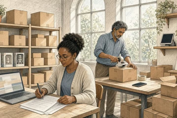 In a sunlit loft stockroom lined with plain cardboard boxes, a woman at a packing table checks printed order sheets against a laptop while a man behind her tapes shut one of the last parcels, beside a switched-off storefront tablet and a blank notice card propped on a shelf.