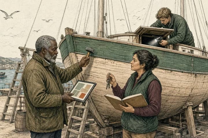 Editorial engraving of a sunny boatyard where a surveyor taps the hull of a half-restored sailboat while holding a tablet, the new owner holds the old logbook and keys, and a shipwright peers into a hatch on deck.