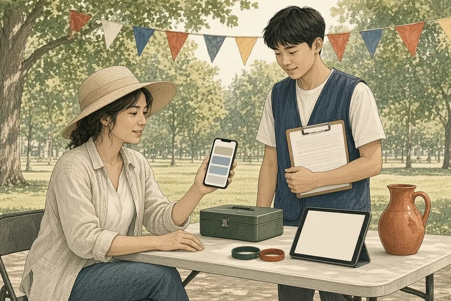 Editorial engraving of a sunny park pavilion where a festival organizer shows an event app on her phone while a teen volunteer keeps a paper sign-in list.