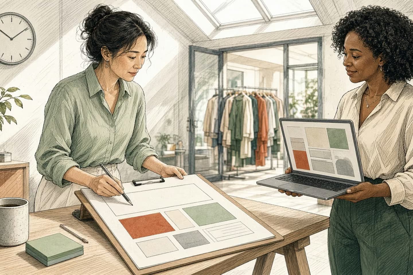 Editorial engraving of a skylit brand studio where a marketer reviews a blank campaign brief while a colleague holds a laptop of abstract draft blocks.