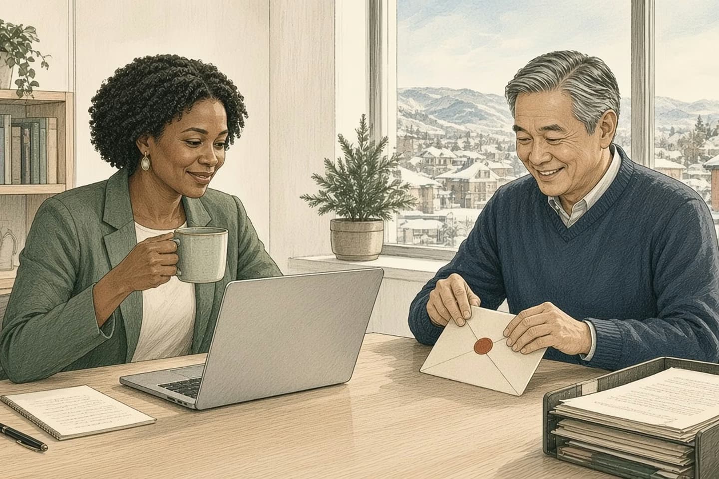 Editorial engraving of a snowy-day corner office where a manager with a mug smiles at her laptop while a colleague opens a sealed envelope beside a tray of old reports.
