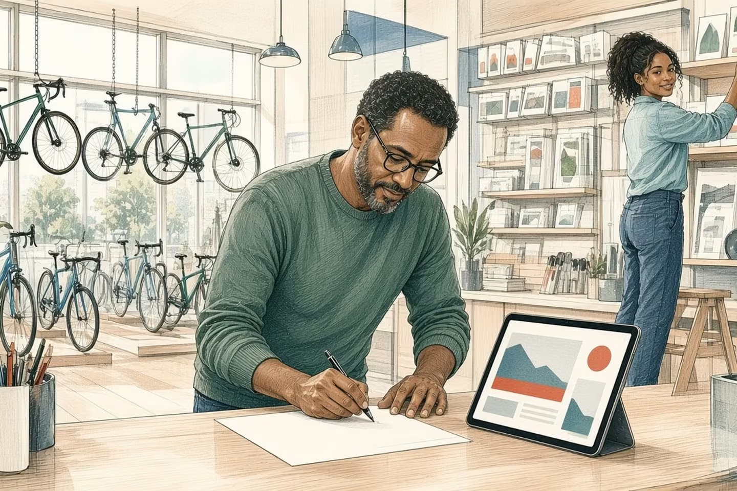 Editorial engraving of a bright bicycle shop where the owner signs a paper order beside a tablet showing a pre-filled form while a mechanic counts stock on a shelf.