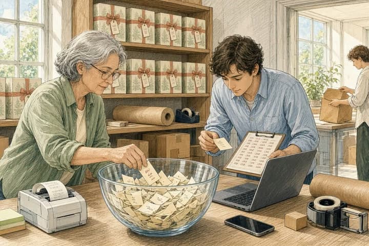 In a bright back room of a small brand, a grey-haired woman draws a folded paper ticket from a glass bowl while a young man checks it against a numbered list on a clipboard beside his laptop, with a short run of ribbon-tied boxes on the shelves and a colleague packing an order through the doorway.