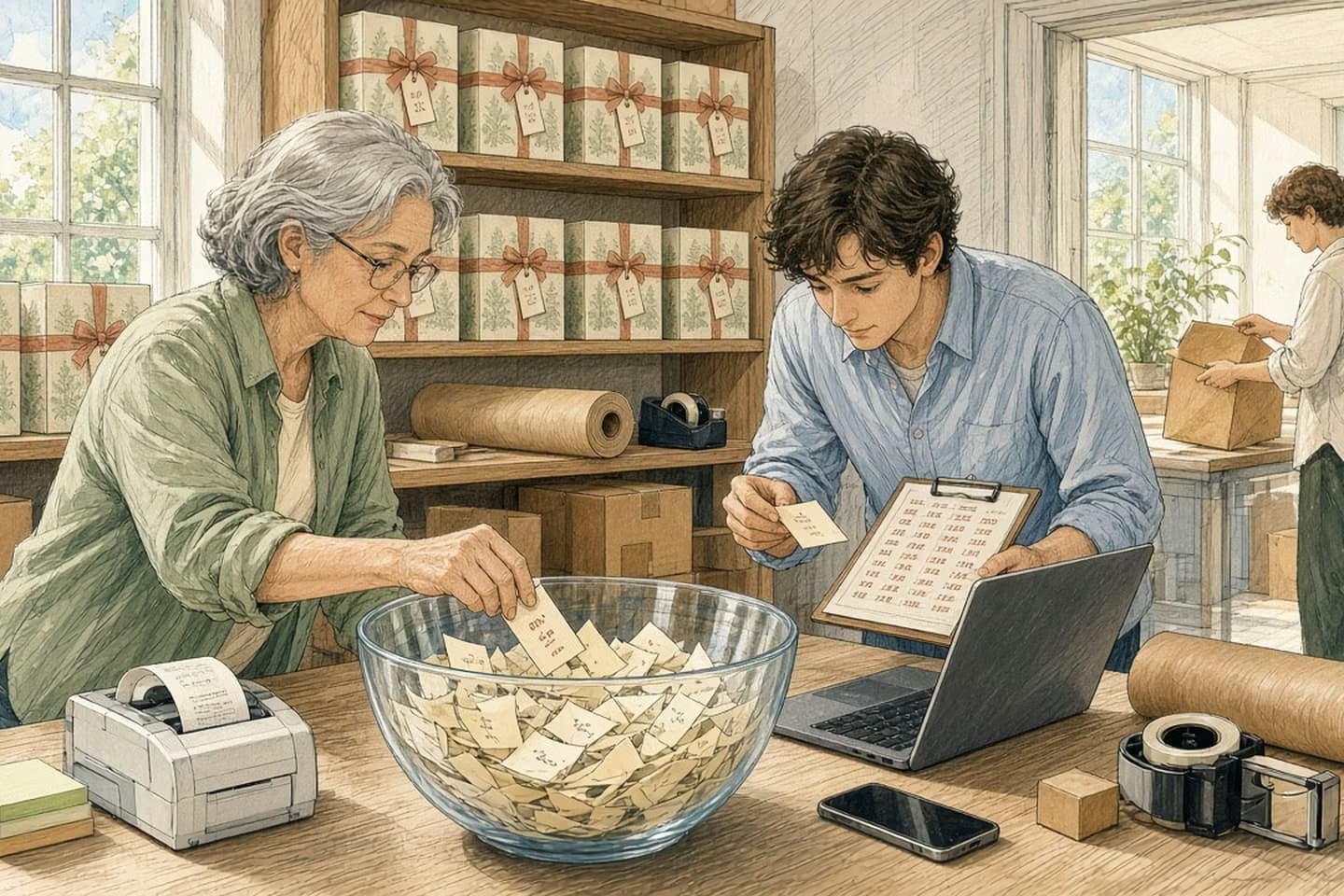 In a bright back room of a small brand, a grey-haired woman draws a folded paper ticket from a glass bowl while a young man checks it against a numbered list on a clipboard beside his laptop, with a short run of ribbon-tied boxes on the shelves and a colleague packing an order through the doorway.