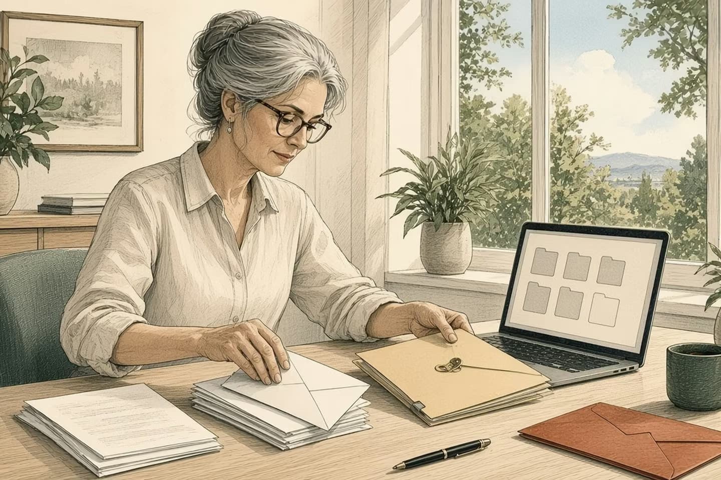 Editorial engraving of a sunny bay-window home office where an accountant sorts letters and sets one folder aside while choosing what an assistant on her laptop may open.