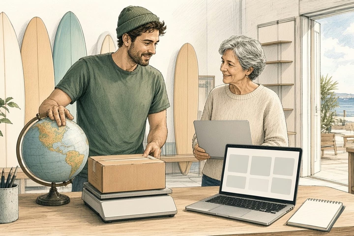 Editorial engraving of a sunny surf shop where the owner turns a globe beside a parcel scale while an adviser previews prices on a laptop.