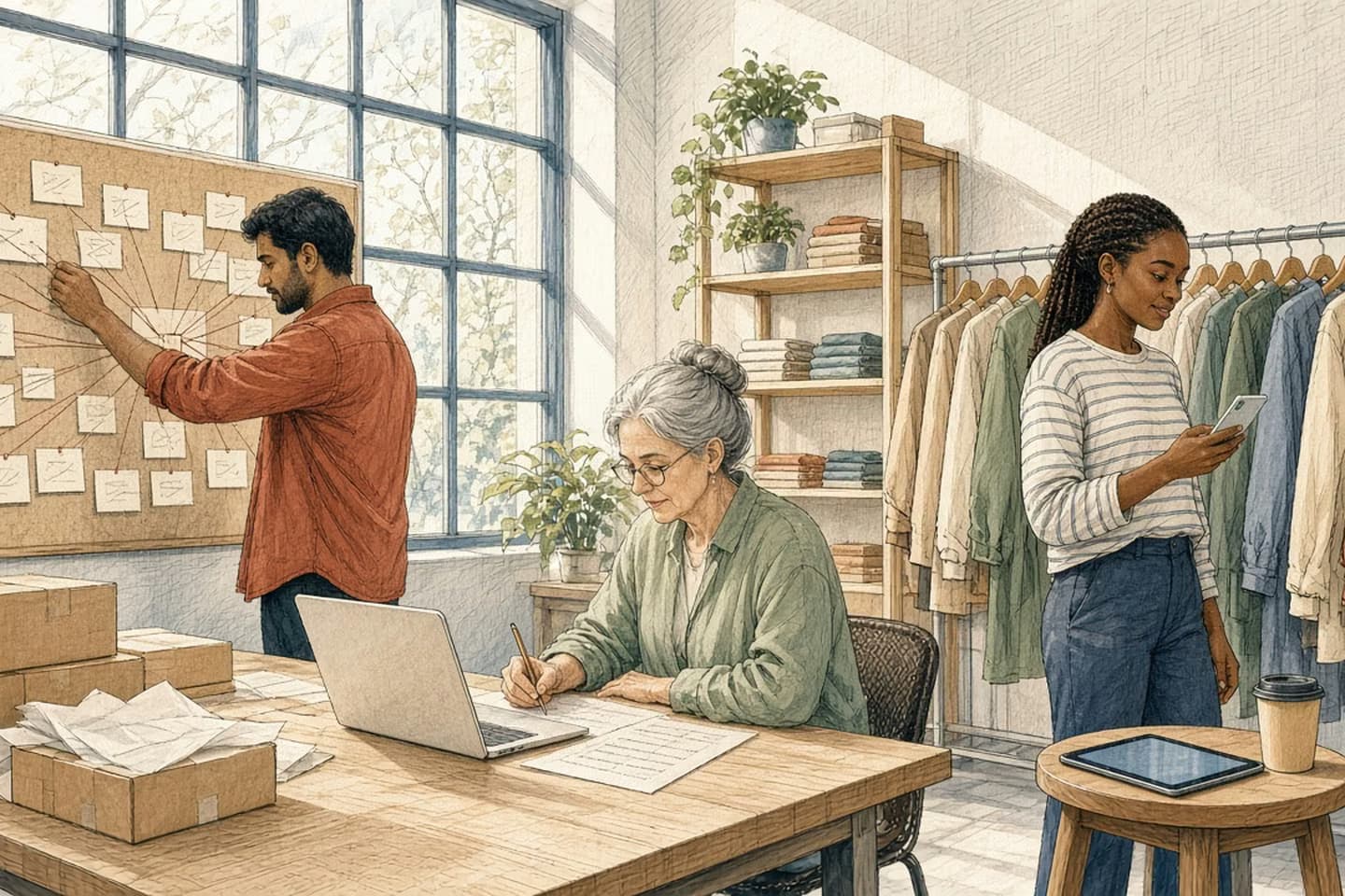 In a bright studio for a small clothing brand, a man in a rust overshirt pins index cards to a corkboard, each tied by thin terracotta thread to one card in the middle; a silver-haired woman at a wooden table ticks off a printed list beside an open laptop; and a young woman by a rail of garments checks her phone.