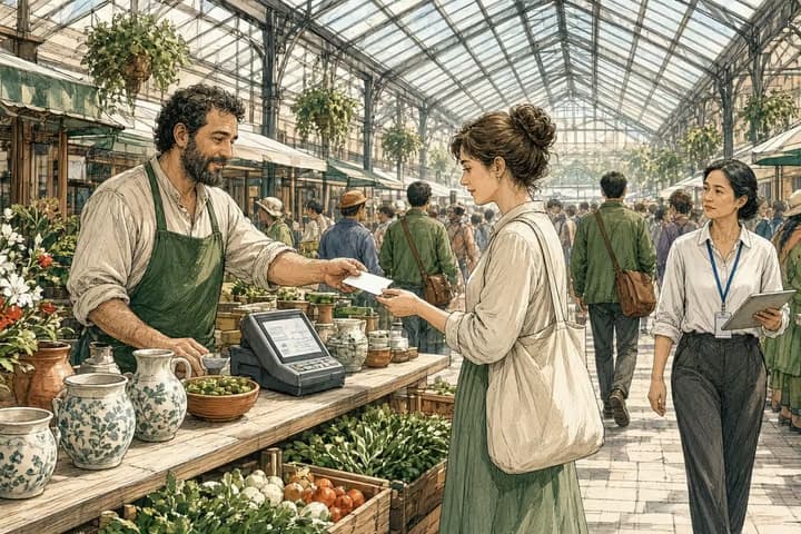 Editorial engraving of a busy glass-roofed market hall where a potter discreetly hands a regular customer a small card beside an unused payment terminal, while the market manager with a tablet pauses nearby, watching thoughtfully.