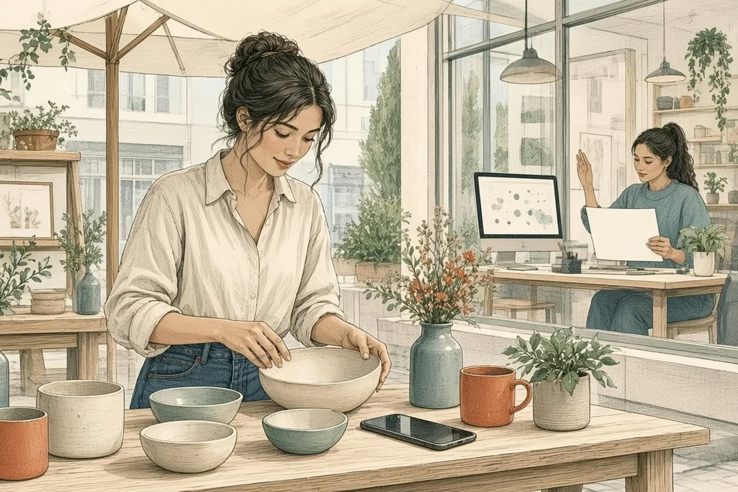 Editorial engraving of a sunny craft booth on Saturday with a marketplace operator at a calm desk consulting a weekend calendar instead of freezing orders.