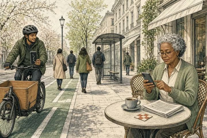 Editorial engraving of a sunny city corner where a courier on a cargo bike checks a phone in a handlebar mount while, at a café table nearby, an older woman taps her phone once beside a coffee and a folded newspaper.