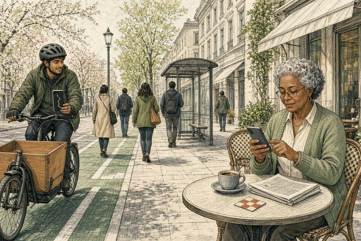 Editorial engraving of a sunny city corner where a courier on a cargo bike checks a phone in a handlebar mount while, at a café table nearby, an older woman taps her phone once beside a coffee and a folded newspaper.