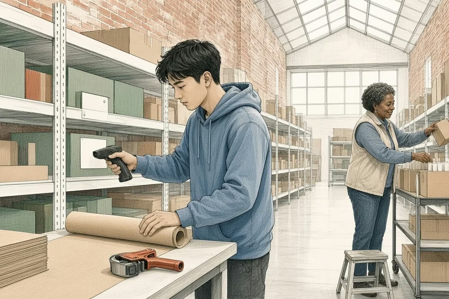 Editorial engraving of a skylit brick warehouse where a young picker scans a shelf beside the packing bench while, further down the aisle, an older colleague moves cartons onto a rolling cart.