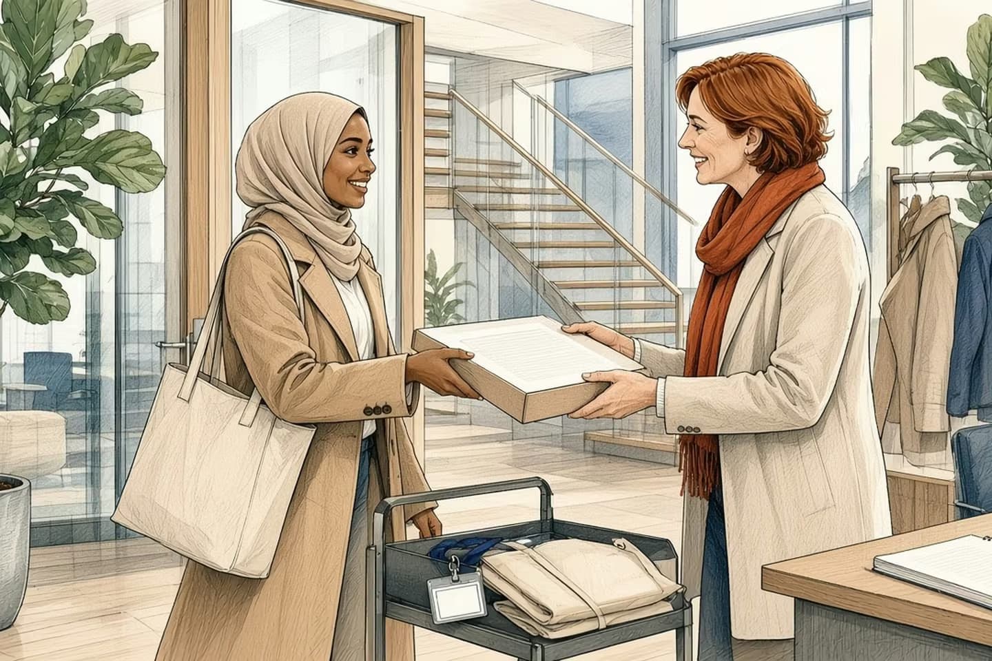 Editorial engraving of a bright office lobby where a manager in a terracotta scarf hands a smiling new hire in a hijab a boxed laptop, a cart beside them holding her badge and a folded tote.