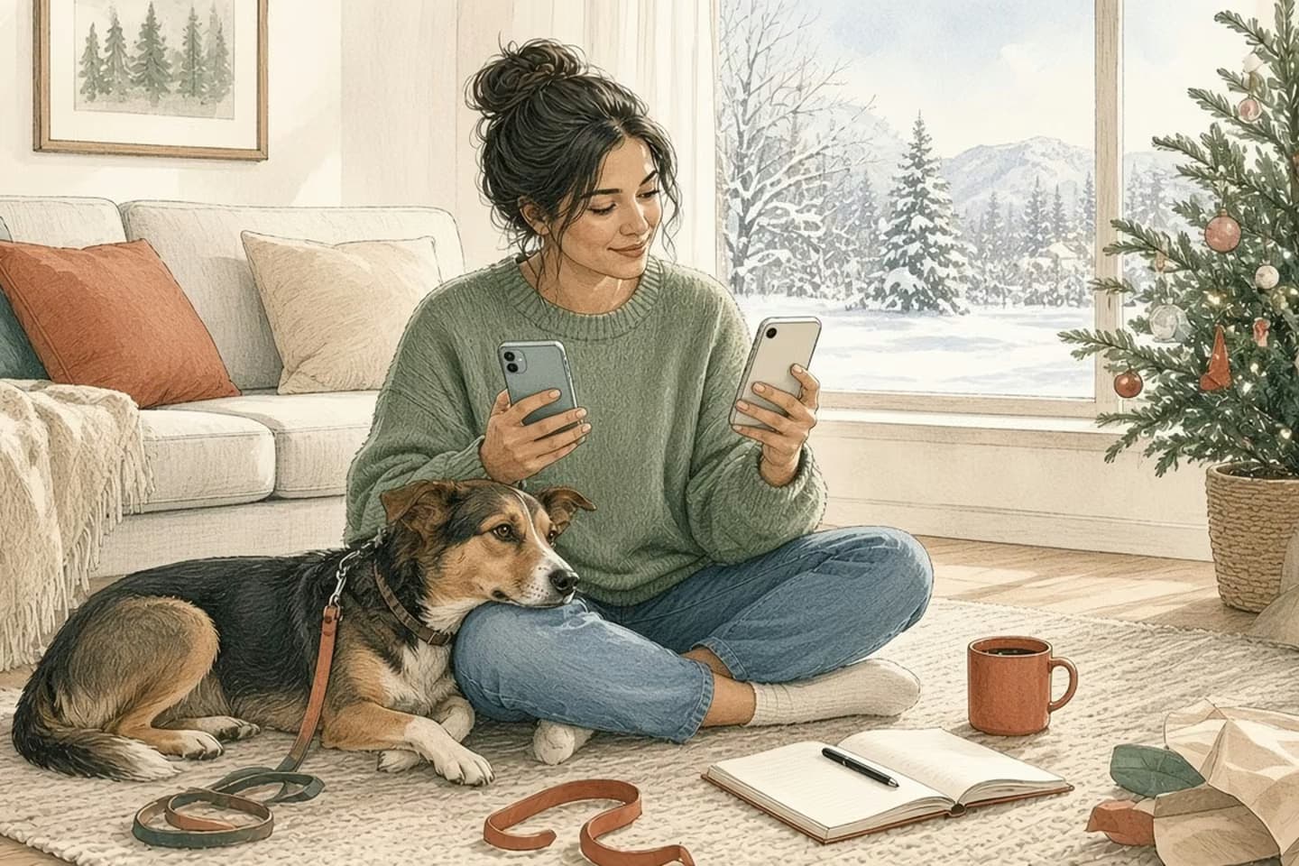 Editorial engraving of a bright living room on a snowy morning where a woman sitting on the rug compares two phones, her dog resting its head on her knee beside a small decorated tree.