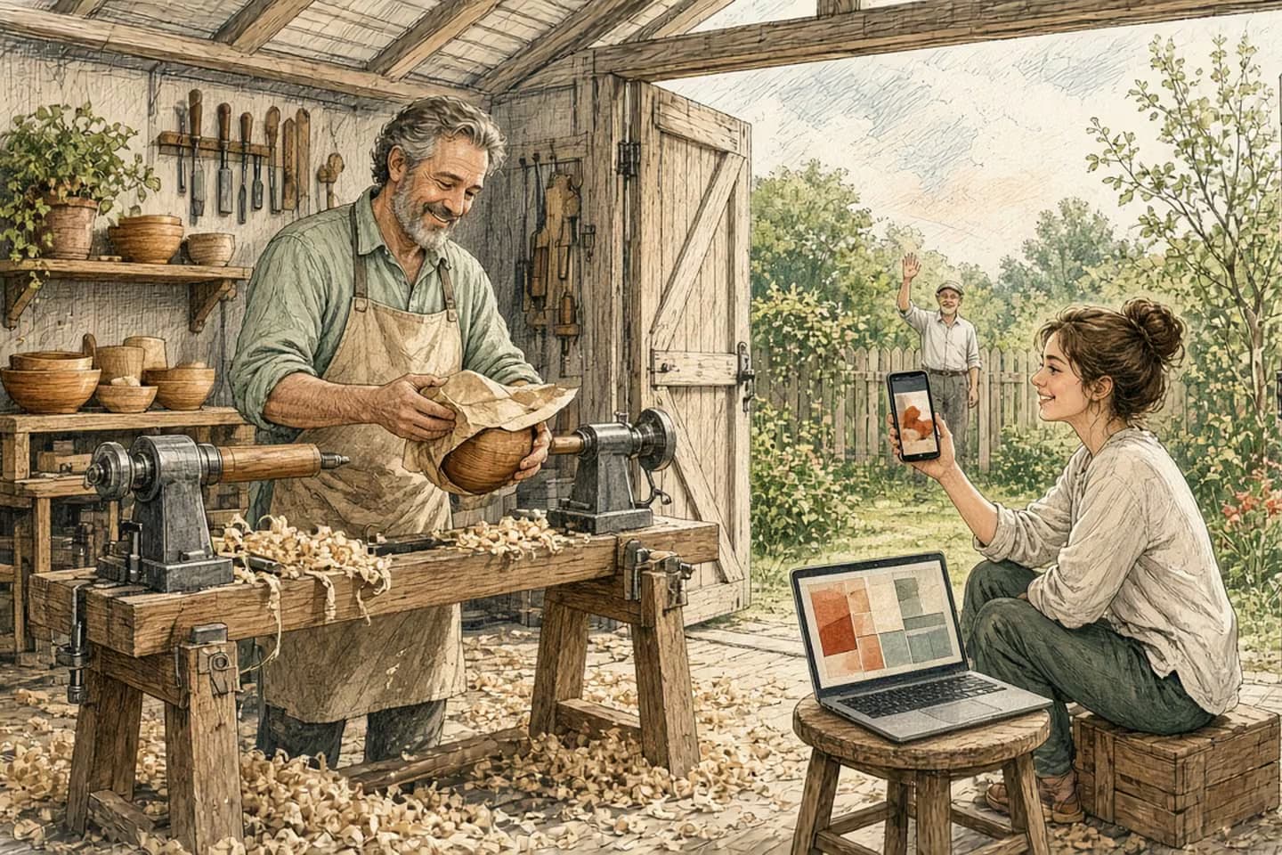 Editorial engraving of a sunny garden-shed woodshop where a woodturner wraps a bowl in brown paper while his daughter shows him a glowing phone and a neighbor waves over the fence.