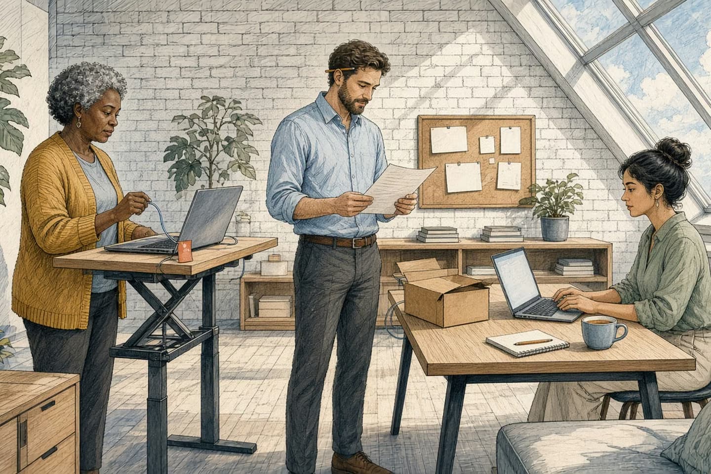 In a bright, skylit loft office with white brick walls, a grey-haired woman in a mustard cardigan pulls the cable from a laptop on a standing desk set apart from the rest, a bearded colleague reads a single printed page, and a young woman at a separate desk works on another laptop beside an opened cardboard box and a cup of tea.