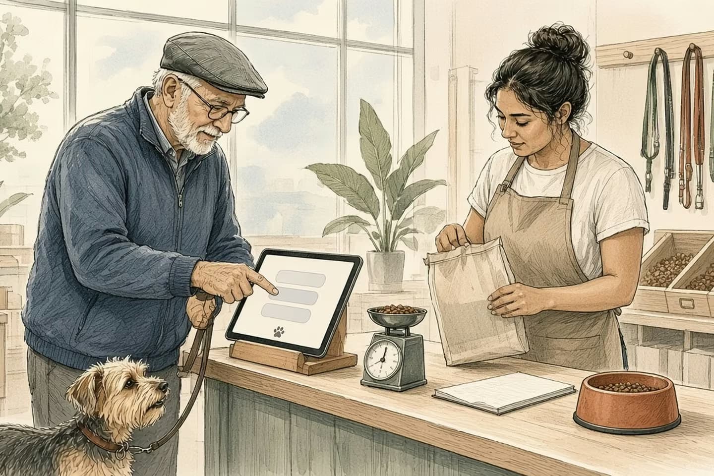 Editorial engraving of a bright pet-supply shop where an older customer with a terrier answers questions on a tablet while the owner hands him a fitting bag of food.