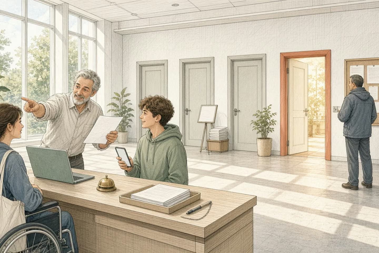 In a bright municipal service hall, a clerk at a wooden counter holds up a form for a young woman in a wheelchair and a teenager, while behind them three plain doors stand closed and one sunlit door with a terracotta frame stands open.