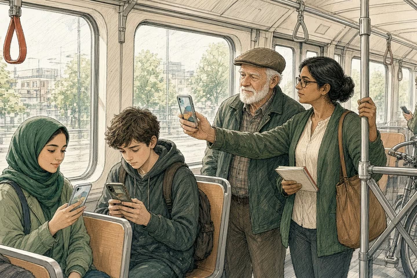 Editorial engraving of a sunlit commuter tram where passengers hold phones of different ages, including an elderly man squinting at an older phone, while a mobile developer holding a pole and a notebook notices it thoughtfully.