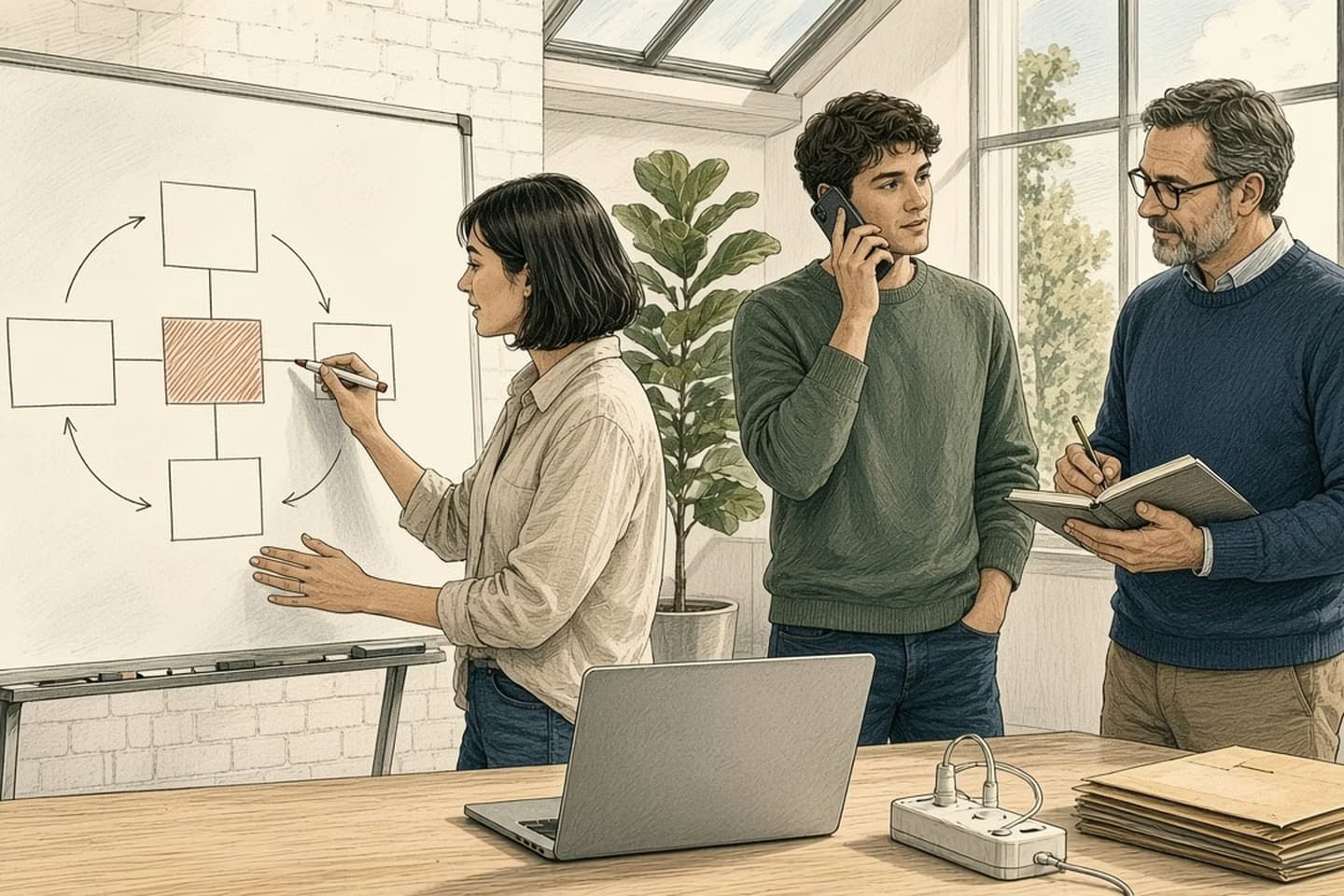 Editorial engraving of a bright skylit studio where a woman sketches a diagram of linked boxes on a whiteboard, the center one hatched over with arrows looping around it, while a colleague talks on the phone and another takes notes; an open laptop, an unplugged power strip and a stack of parcel envelopes sit on the desk in front.