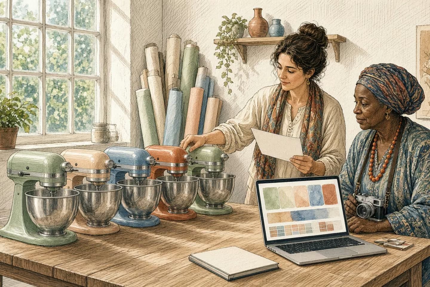 Editorial engraving of a bright photo studio where a catalog manager gathers five identical stand mixers into one while a photographer watches tiles merge on a laptop.