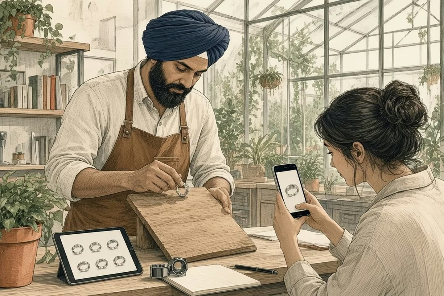 Editorial engraving of a greenhouse jewelry studio where a photographer captures a real silver ring on a wooden board while glossier images wait on a tablet nearby.