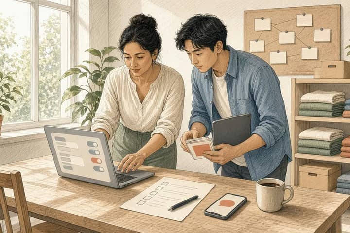In a sunlit studio office with folded products on pale shelves, a woman at a standing desk reaches to switch a setting on her laptop while a younger colleague holding a tablet points to a paper checklist beside it, a pinboard of blank cards on strings behind them.